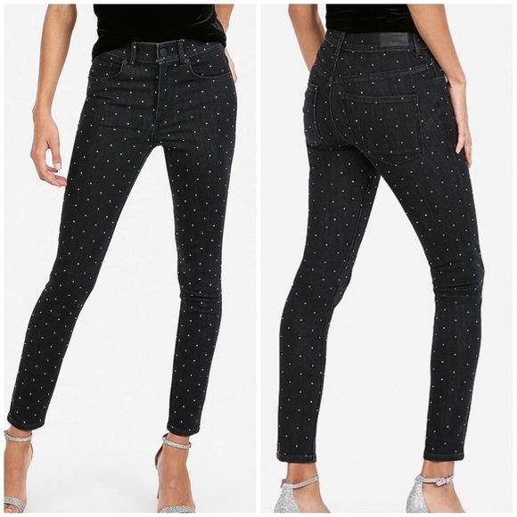 Express Grey Crystal Rhinestone Embellished Skinny Jeans Denim Ankle Leggings - Picture 1 of 6